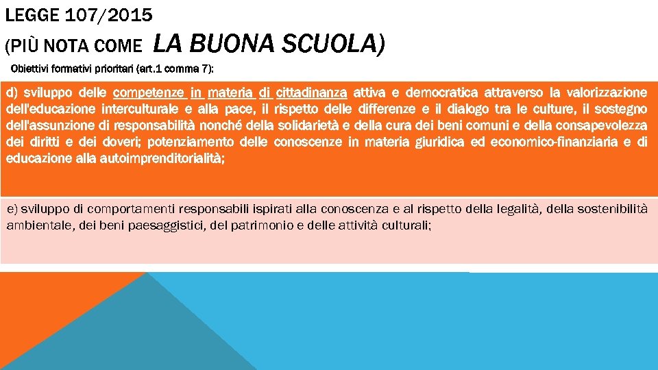 LEGGE 107/2015 (PIÙ NOTA COME LA BUONA SCUOLA) Obiettivi formativi prioritari (art. 1 comma