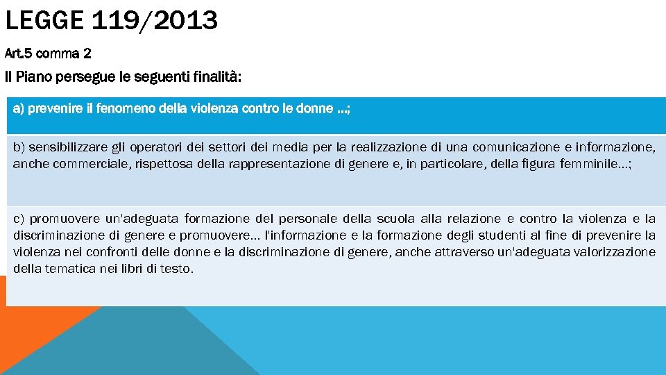 LEGGE 119/2013 Art. 5 comma 2 Il Piano persegue le seguenti finalità: a) prevenire