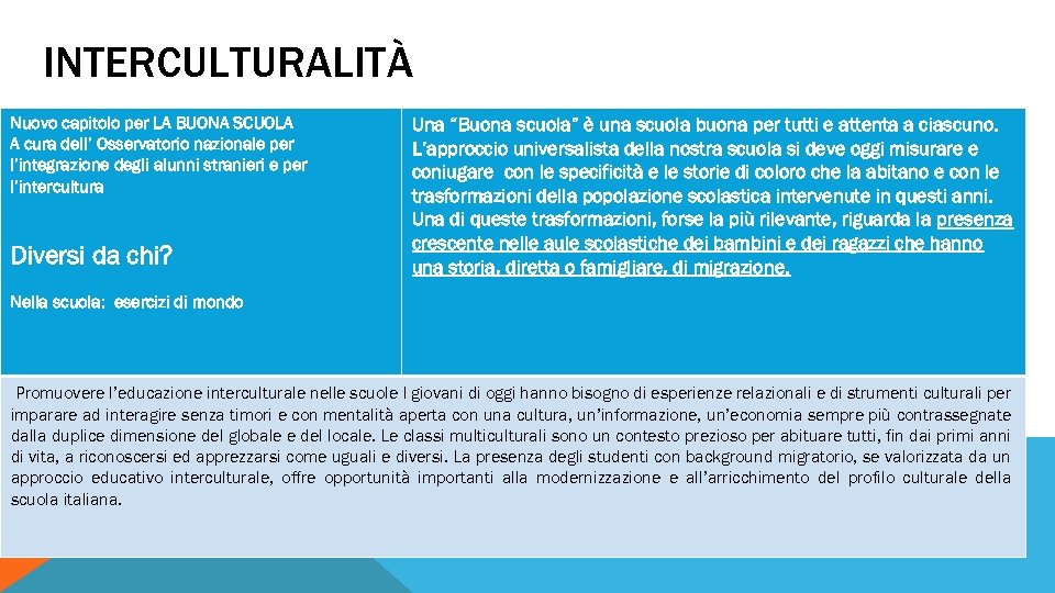 INTERCULTURALITÀ Nuovo capitolo per LA BUONA SCUOLA A cura dell’ Osservatorio nazionale per l’integrazione