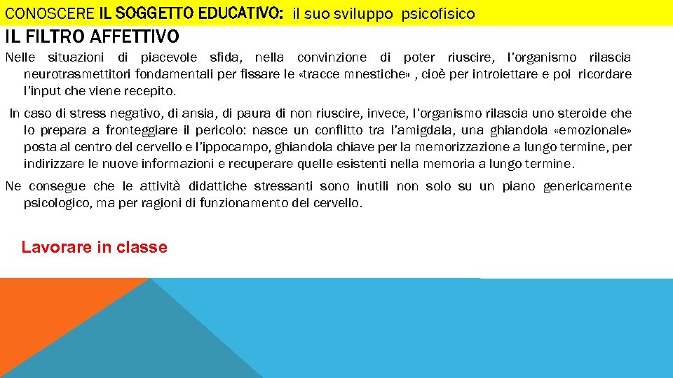 CONOSCERE IL SOGGETTO EDUCATIVO: il suo sviluppo psicofisico IL FILTRO AFFETTIVO Nelle situazioni di