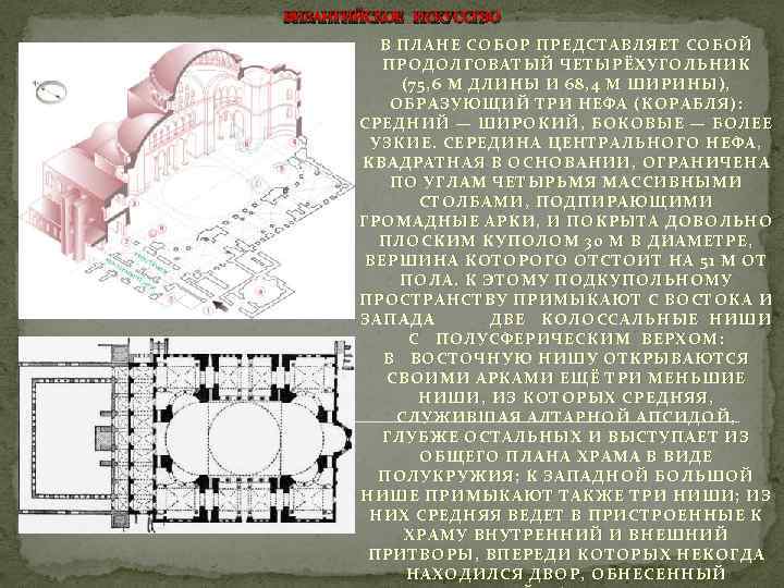 ВИЗАНТИЙСКОЕ ИСКУССТВО В ПЛАНЕ СОБОР ПРЕДСТАВЛЯЕТ СОБОЙ ПРОДОЛГОВАТЫЙ ЧЕТЫРЁХУГОЛЬНИК (75, 6 М ДЛИНЫ И