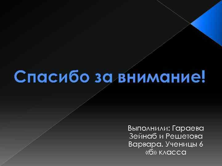 Спасибо за внимание! Выполнили: Гараева Зейнаб и Решетова Варвара. Ученицы 6 «б» класса 