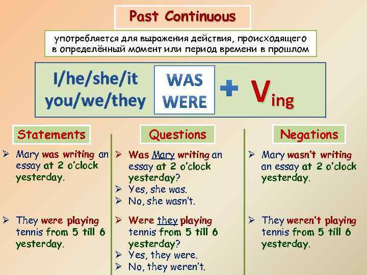 Past Continuous употребляется для выражения действия, происходящего в определённый момент или период времени в