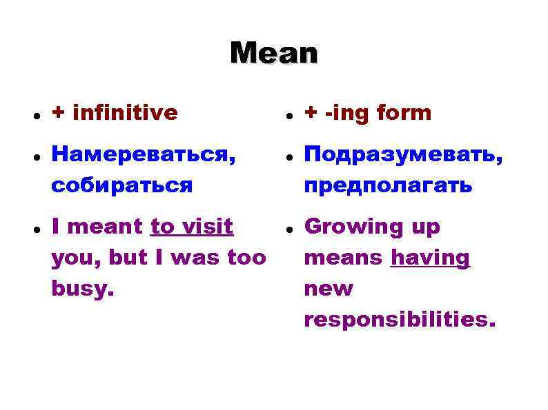 Mean + infinitive Намереваться, собираться I meant to visit you, but I was too