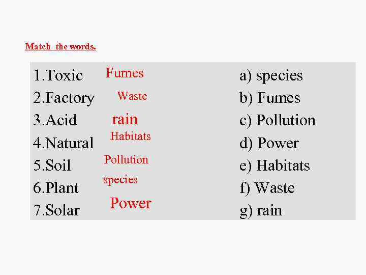 Match the words. 1. Toxic Fumes 2. Factory Waste rain 3. Acid Habitats 4.