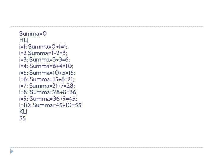 Summa=0 НЦ i=1: Summa=0+1=1; i=2 Summa=1+2=3; i=3: Summa=3+3=6; i=4: Summa=6+4=10; i=5: Summa=10+5=15; i=6: Summa=15+6=21;