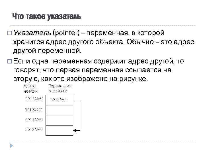 Что такое указатель Указатель (pointer) – переменная, в которой хранится адрес другого объекта. Обычно