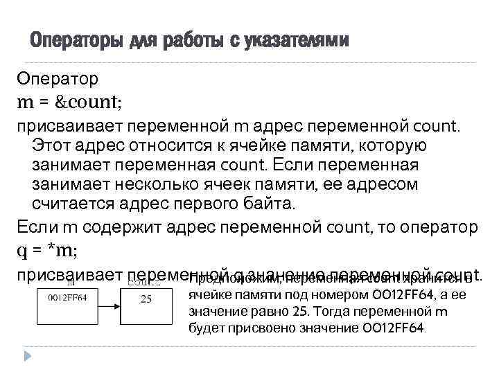 Операторы для работы с указателями Оператор m = &count; присваивает переменной m адрес переменной