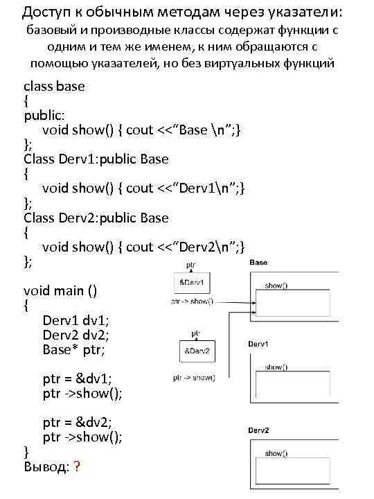 Доступ к обычным методам через указатели: базовый и производные классы содержат функции с одним