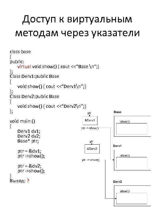 Доступ к виртуальным методам через указатели class base { public: virtual void show() {