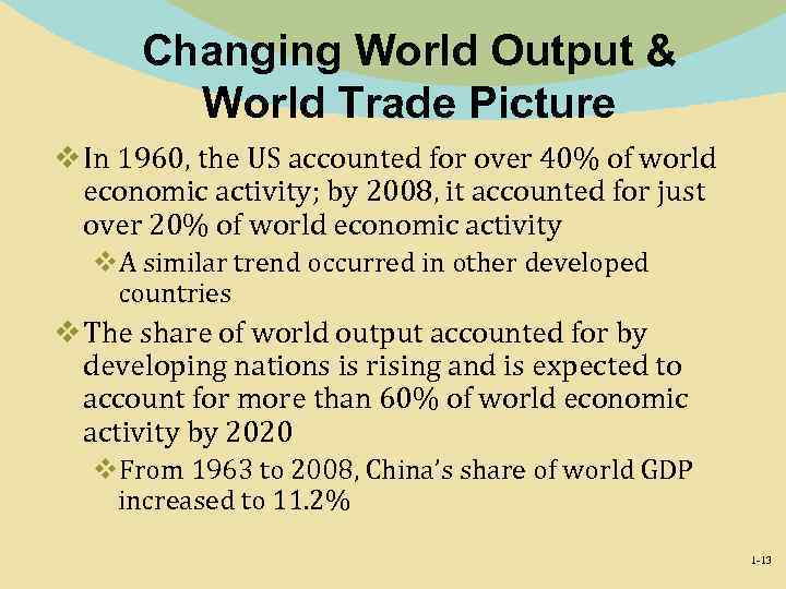 Changing World Output & World Trade Picture v In 1960, the US accounted for