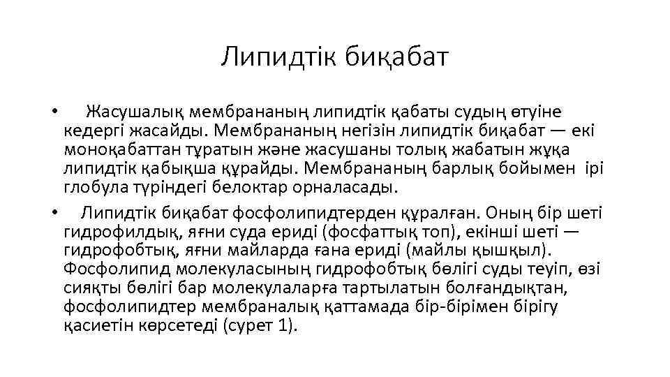 Липидтік биқабат • Жасушалық мембрананың липидтік қабаты судың өтуіне кедергі жасайды. Мембрананың негізін липидтік