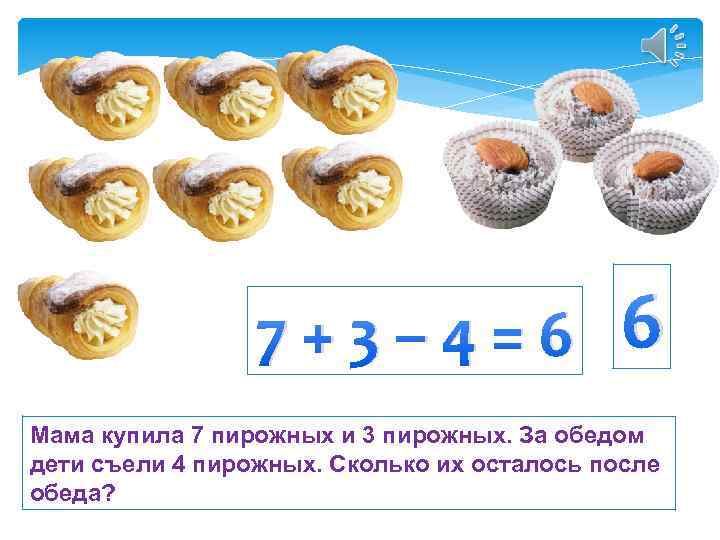 7+3– 4=6 6 Мама купила 7 пирожных и 3 пирожных. За обедом дети съели