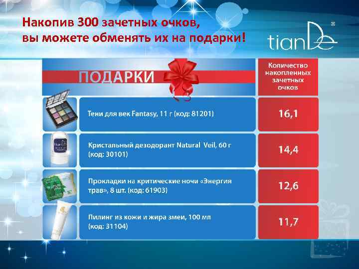 Накопив 300 зачетных очков, вы можете обменять их на подарки! 