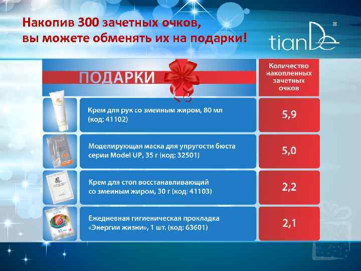 Накопив 300 зачетных очков, вы можете обменять их на подарки! 