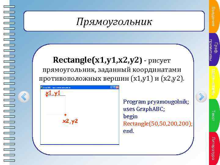 x 1, y 1 Пун. Текстана кт пл x 2, y 2 Program pryamougolnik;