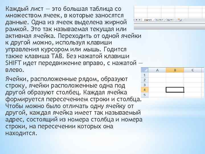 Каждый лист — это большая таблица со множеством ячеек, в которые заносятся данные. Одна