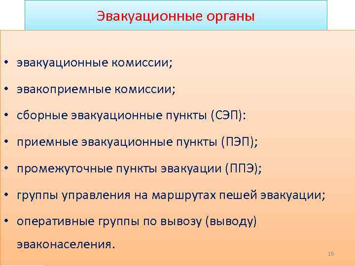 Эвакуационные органы • эвакуационные комиссии; • эвакоприемные комиссии; • сборные эвакуационные пункты (СЭП): •