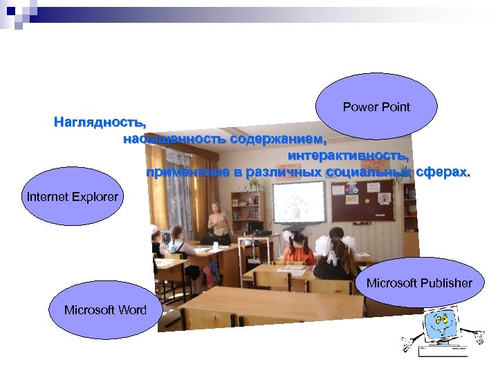 Power Point Наглядность, насыщенность содержанием, интерактивность, применение в различных социальных сферах. Internet Explorer Microsoft