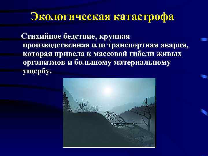 Экологическая катастрофа – Стихийное бедствие, крупная производственная или транспортная авария, которая привела к массовой