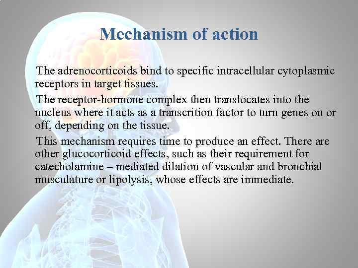 Mechanism of action The adrenocorticoids bind to specific intracellular cytoplasmic receptors in target tissues.
