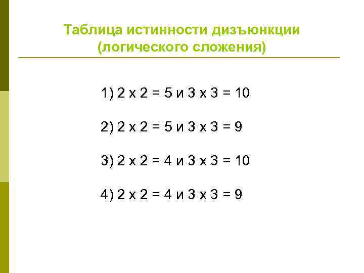 Таблица истинности дизъюнкции (логического сложения) 1) 2 х 2 = 5 и 3 х