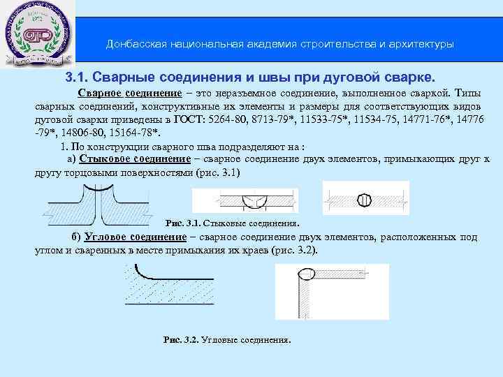 Донбасская национальная академия строительства и архитектуры 3. 1. Сварные соединения и швы при дуговой