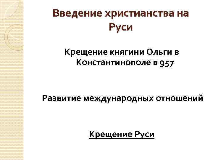 Введение христианства на Руси Крещение княгини Ольги в Константинополе в 957 Развитие международных отношений