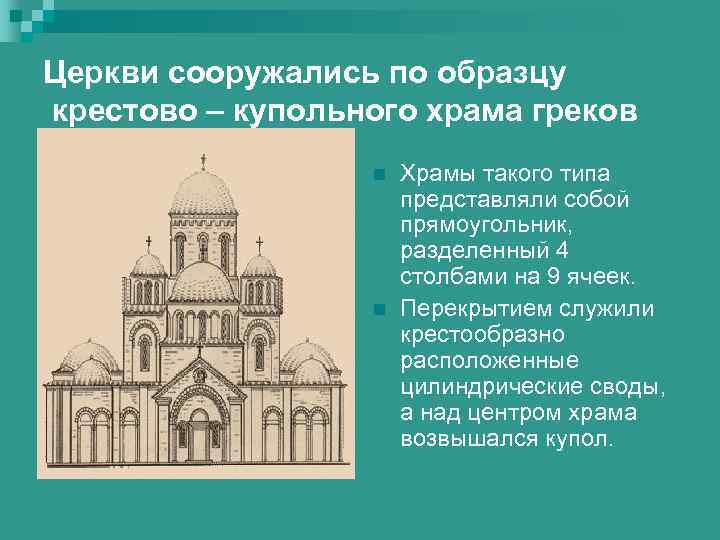 Церкви сооружались по образцу крестово – купольного храма греков n n Храмы такого типа