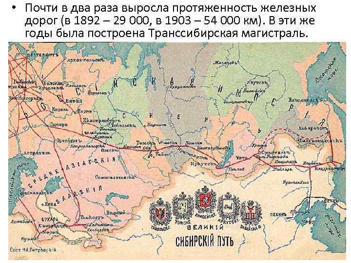  • Почти в два раза выросла протяженность железных дорог (в 1892 – 29