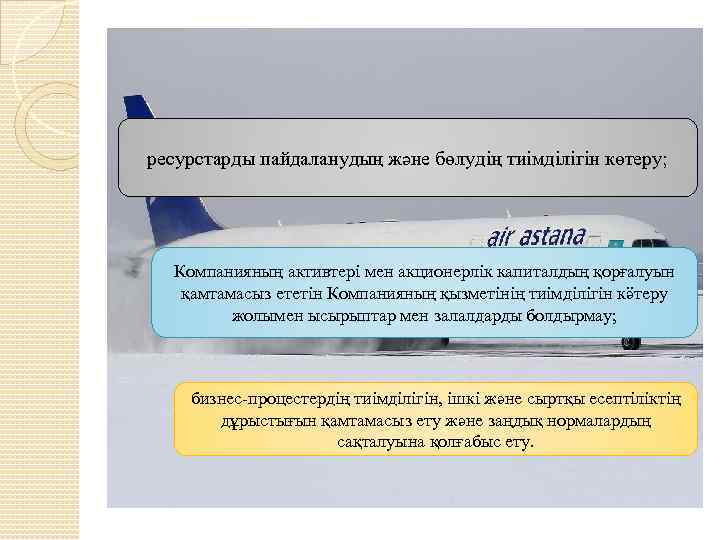 ресурстарды пайдаланудың және бөлудің тиімділігін көтеру; Компанияның активтері мен акционерлік капиталдың қорғалуын қамтамасыз ететін