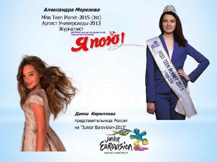 Александра Морозова Miss Teen Planet-2015 (1 st) Артист Универсиады-2013 Журналист 