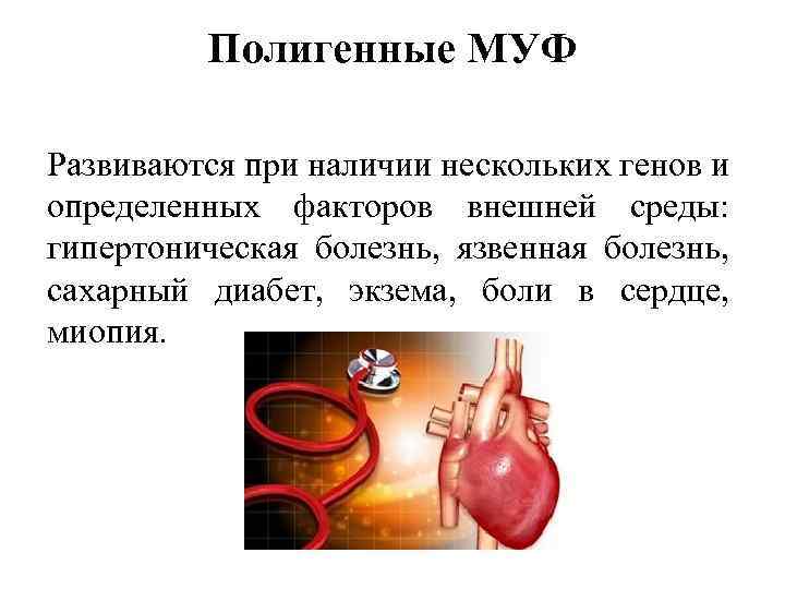 Полигенные МУФ Развиваются при наличии нескольких генов и определенных факторов внешней среды: гипертоническая болезнь,