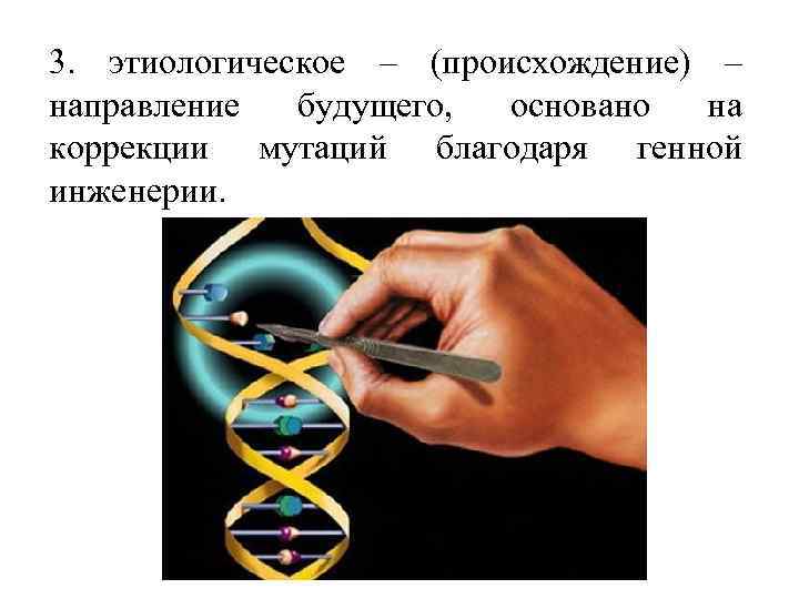 3. этиологическое – (происхождение) – направление будущего, основано на коррекции мутаций благодаря генной инженерии.