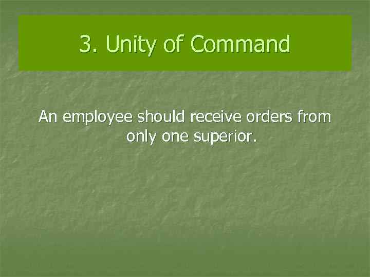 3. Unity of Command An employee should receive orders from only one superior. 