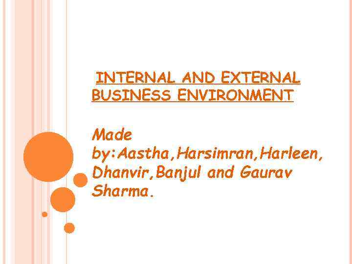 INTERNAL AND EXTERNAL BUSINESS ENVIRONMENT Made by: Aastha, Harsimran, Harleen, Dhanvir, Banjul and Gaurav