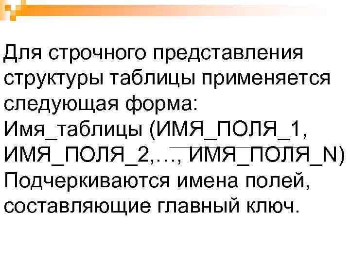 Для строчного представления структуры таблицы применяется следующая форма: Имя_таблицы (ИМЯ_ПОЛЯ_1, ИМЯ_ПОЛЯ_2, …, ИМЯ_ПОЛЯ_N) Подчеркиваются