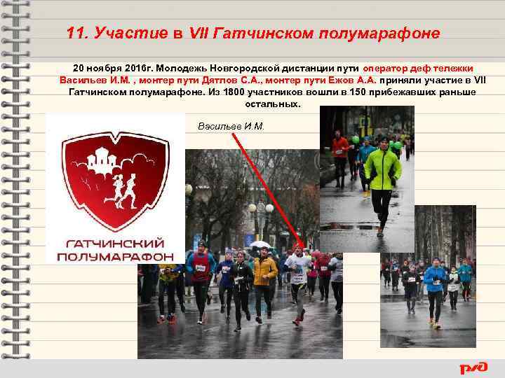 11. Участие в VII Гатчинском полумарафоне 20 ноября 2016 г. Молодежь Новгородской дистанции пути