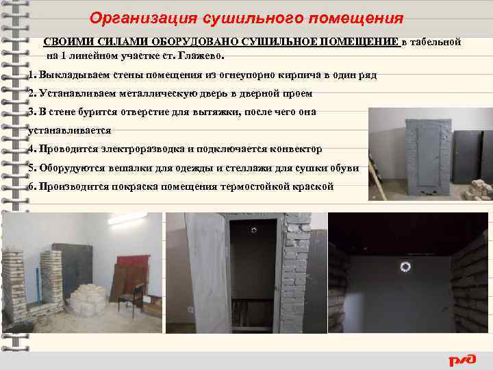 Организация сушильного помещения СВОИМИ СИЛАМИ ОБОРУДОВАНО СУШИЛЬНОЕ ПОМЕЩЕНИЕ в табельной на 1 линейном участке