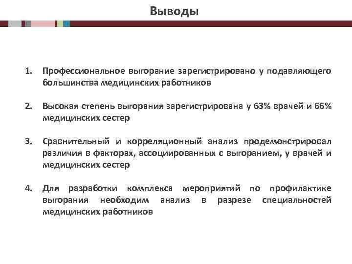 Выводы 1. Профессиональное выгорание зарегистрировано у подавляющего большинства медицинских работников 2. Высокая степень выгорания