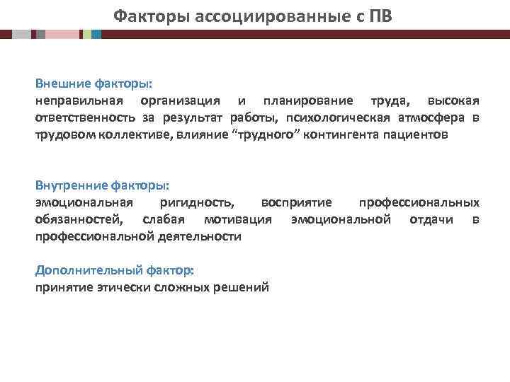 Факторы ассоциированные с ПВ Внешние факторы: неправильная организация и планирование труда, высокая ответственность за