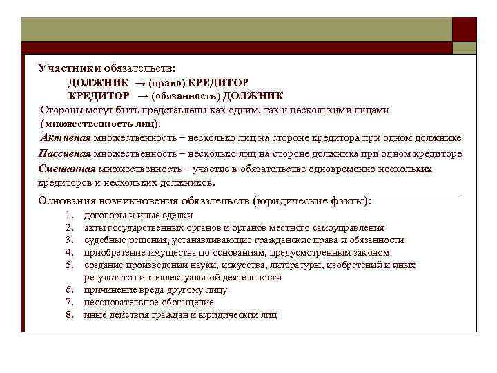 Участники обязательств: ДОЛЖНИК → (право) КРЕДИТОР → (обязанность) ДОЛЖНИК Стороны могут быть представлены как