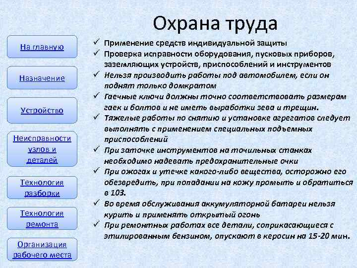 Охрана труда На главную Назначение Устройство Неисправности узлов и деталей Технология разборки Технология ремонта