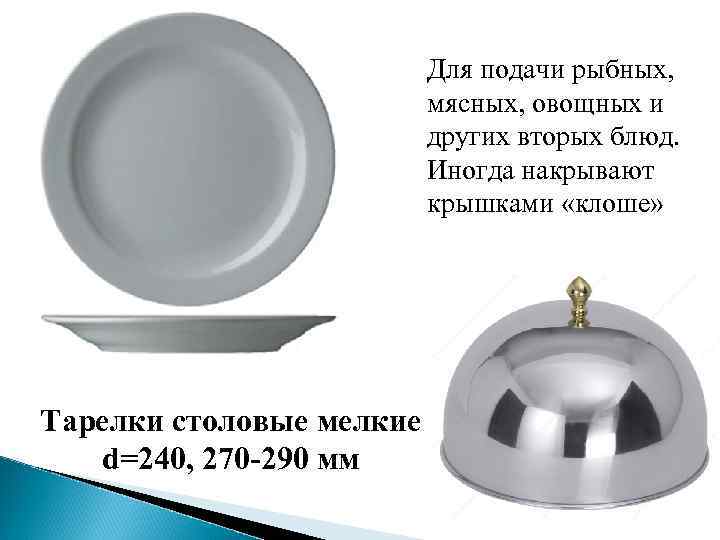Для подачи рыбных, мясных, овощных и других вторых блюд. Иногда накрывают крышками «клоше» Тарелки