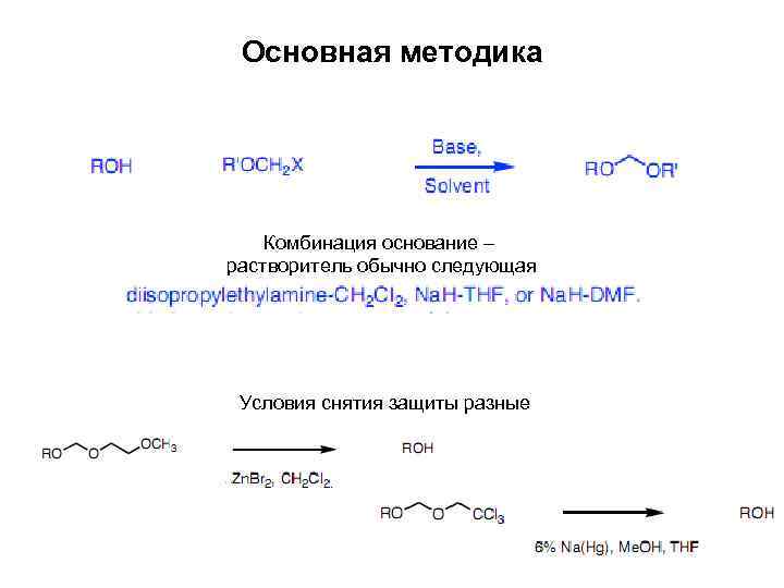 Основная методика Комбинация основание – растворитель обычно следующая Условия снятия защиты разные 