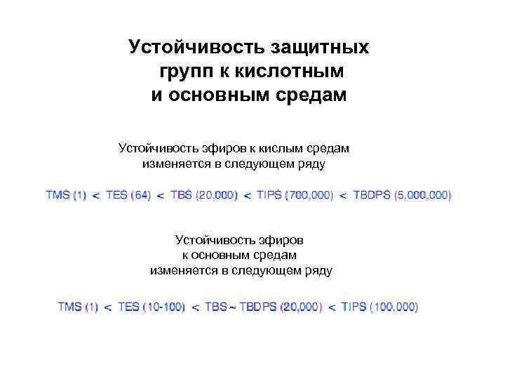 Устойчивость защитных групп к кислотным и основным средам Устойчивость эфиров к кислым средам изменяется