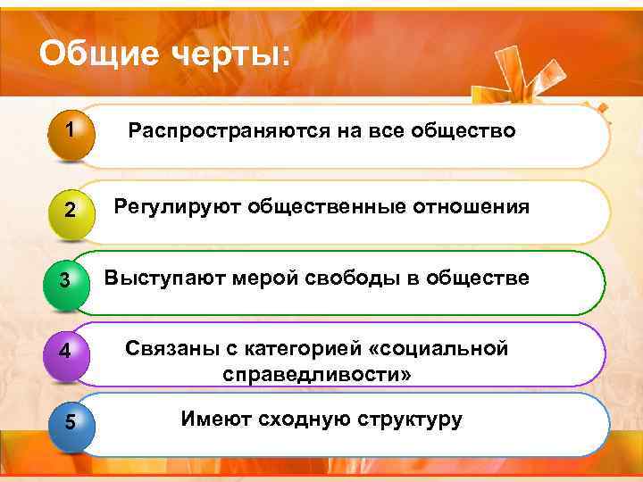 Общие черты: 1 Распространяются на все общество 2 Регулируют общественные отношения 3 Выступают мерой