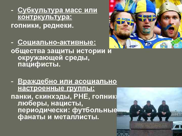 - Субкультура масс или контркультура: гопники, реднеки. - Социально-активные: общества защиты истории и окружающей