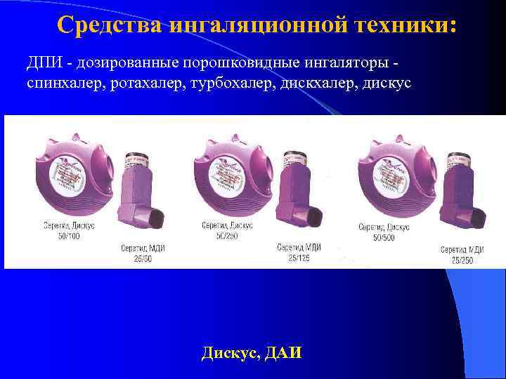 Средства ингаляционной техники: ДПИ - дозированные порошковидные ингаляторы - спинхалер, ротахалер, турбохалер, дискус Дискус,