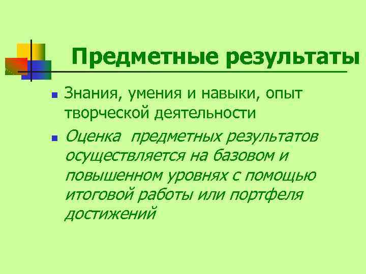 Предметные результаты n n Знания, умения и навыки, опыт творческой деятельности Оценка предметных результатов